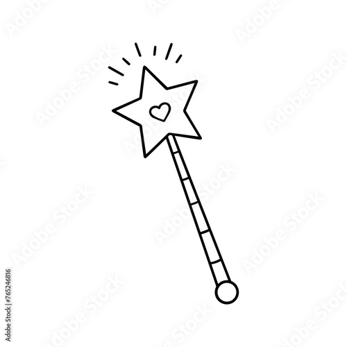 Magic wand doodle. Fairytale element in sketch style. Hand drawn vector illustration isolated on white background