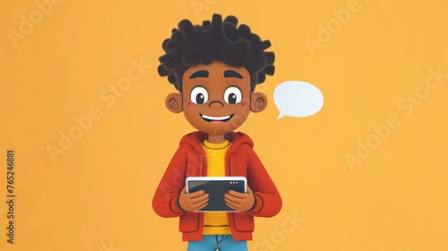 An animated cartoon character holding a tablet with a speech bubble saying Remember to take breaks and limit your screen time kiddos to serve as a friendly reminder. photo