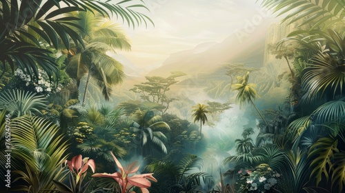 Beautiful tropical landscape with palm trees and tropical leaves wallpaper. Hand Drawn Design. Luxury Wall Mural © Fatih