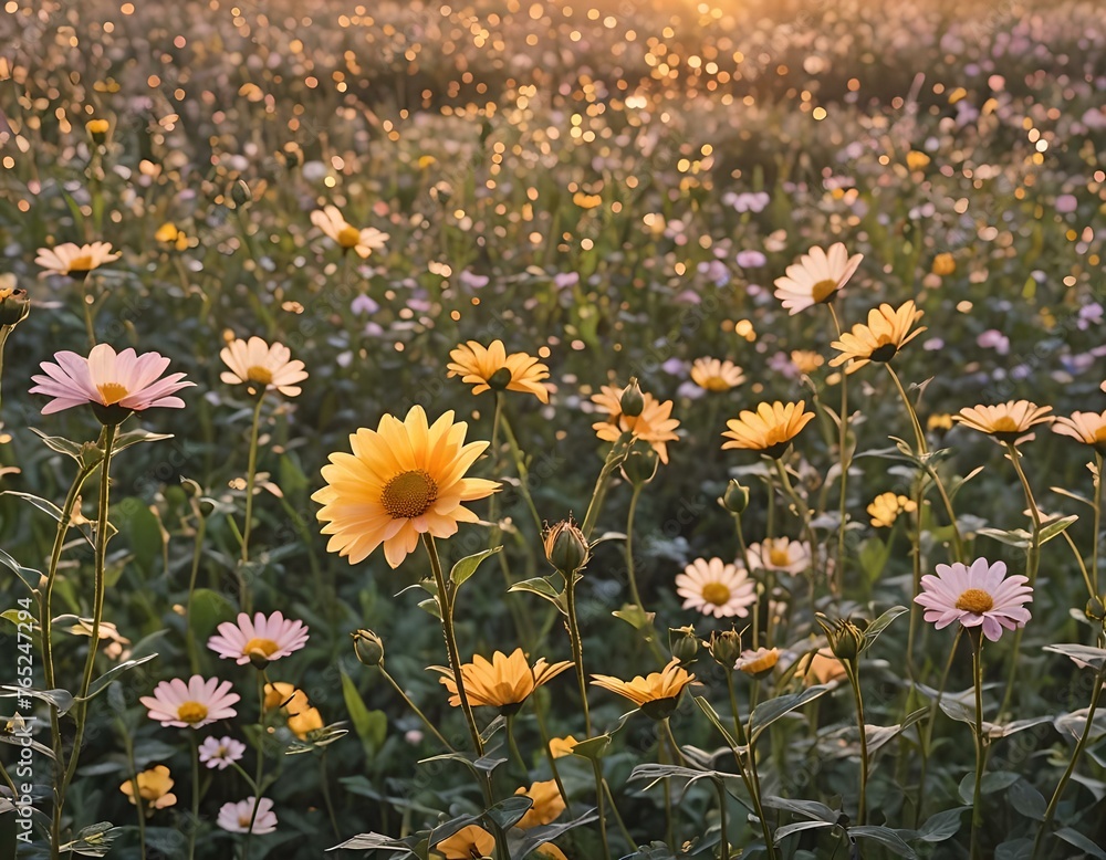 The meadow whispers in hues of amber as the sun dips below the horizon, casting a warm glow over the delicate dance of the blooms.