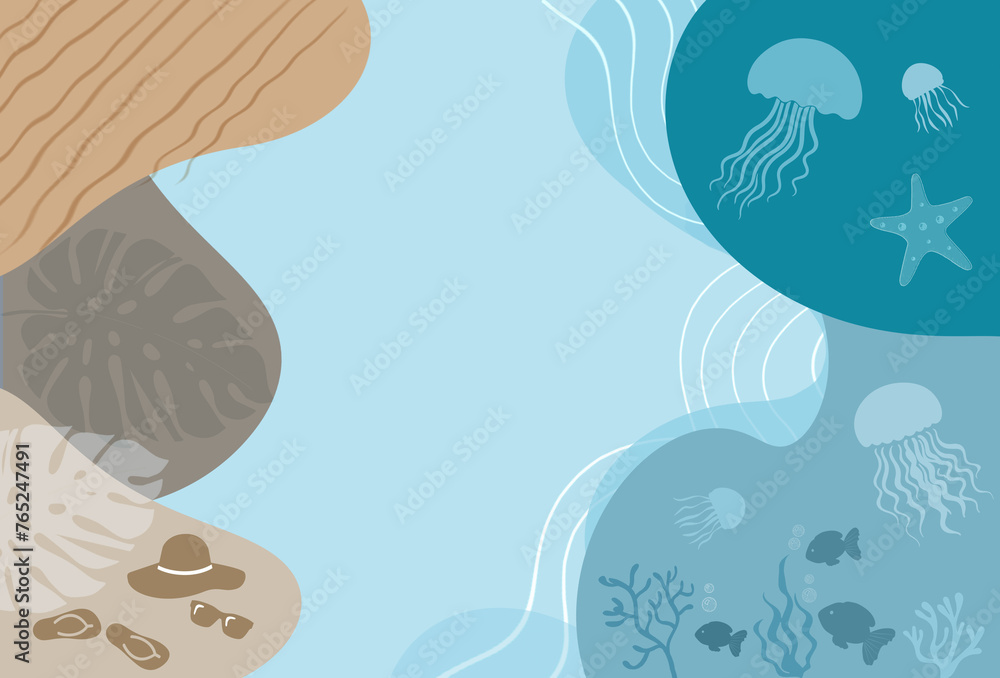 Summer holiday marine card template in sand -blue colors with resting acsessories ,plants ,swimming fishes and jelly fishes .Summer vacations near sea  concept. Flat lay, aerial view.Free copy space .