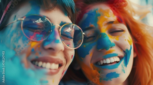 TWO FRIENDS HAPPILY PUTTING COLOURS ON ANOTHER FRIEND photo