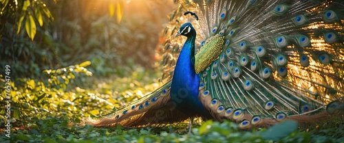 Enchanting Jungle Encounter Graceful Peacock with Colorful Feathers photo