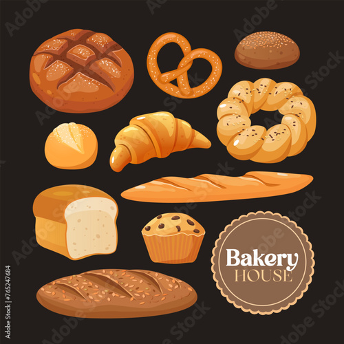 Bakery products set with fresh bread, buns, french baguette, croissant, muffin and different pastries