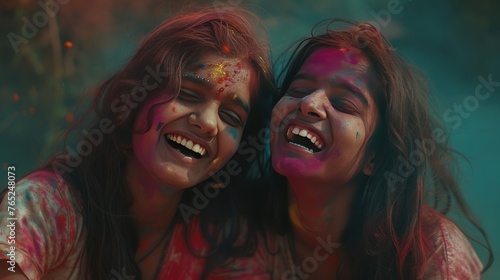 TWO YOUNG WOMEN WITH GULAL ALL OVER LAUGHING TOGETHER WHILE PLAYING HOLI