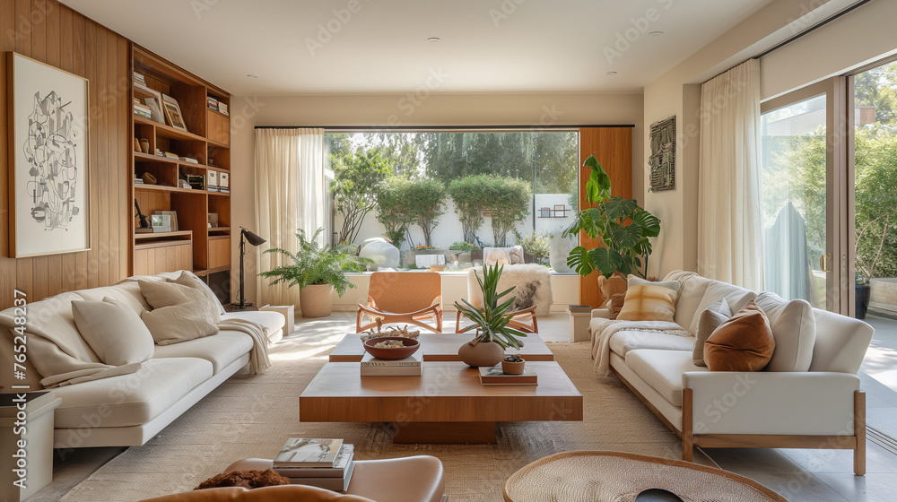Modern Scandinavian home interior design. Elegant living room with pastel colored furniture and decoration.
