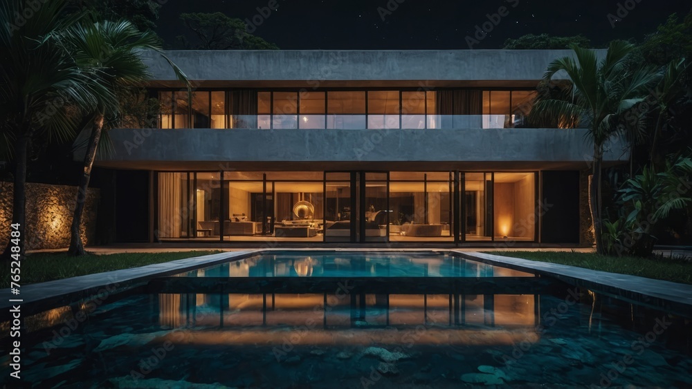 a residence with a surreal architectural style, tropical forest, swimming pool