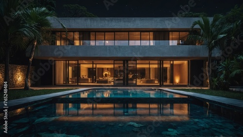 a residence with a surreal architectural style  tropical forest  swimming pool