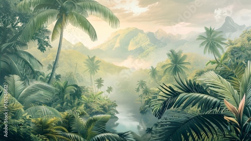 Beautiful tropical landscape with palm trees and tropical leaves wallpaper. Hand Drawn Design. Luxury Wall Mural