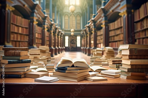 Education learning concept with opening book or textbook in old library and aisle of bookshelves in school study class room background - generative ai