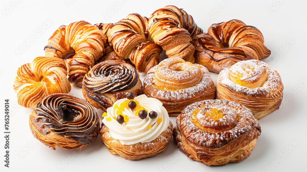 Danish pastry assortment on a white background, Minimalistic presentation, Elegant and delicious, Classic pastries Danish pastry assortment on a white background, Minimalistic presentation, Elegant and delicious, Classic pastries