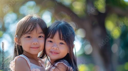 A friendship of two little Asian girls pressing their cheeks together, cute long-haired Asian girls.