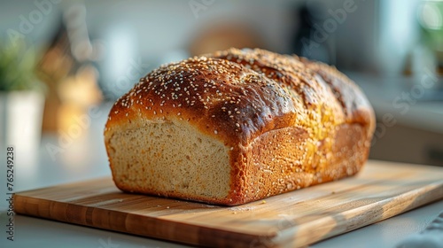 A fresh baked loaf of homemade bread on a kitchen counter. 