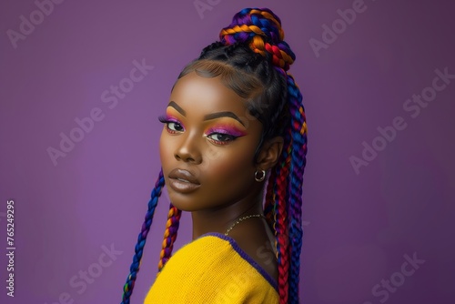 Confident woman with purple background, stylish two tone braids and colorful makeup