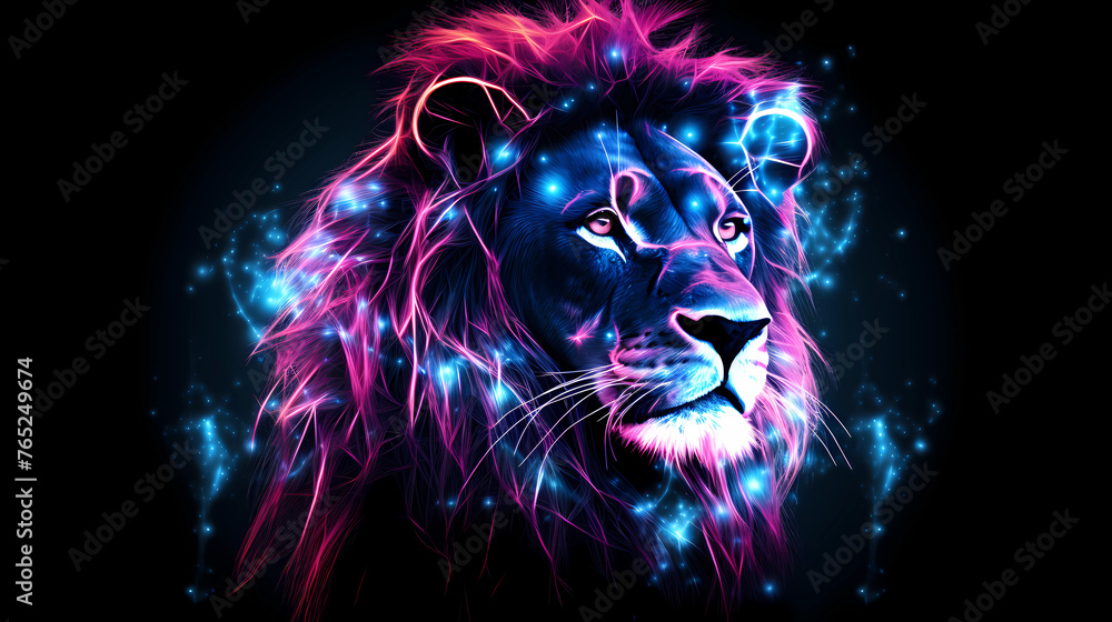 Lion Portrait Animal Plexus Neon Black Background Digital Desktop Wallpaper HD 4k Network Light Glowing Laser Motion Bright Abstract