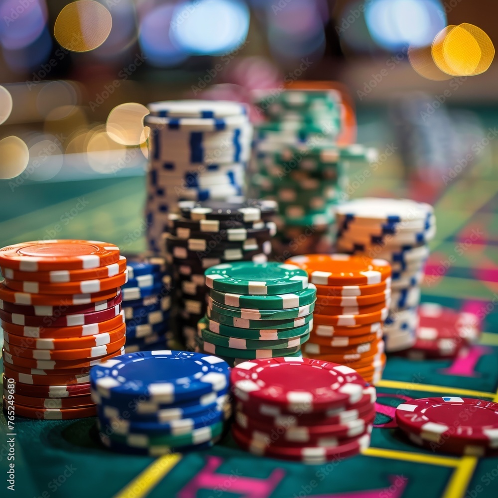 A detailed view of multicolored casino chips piled high on a gaming table, capturing the essence of gambling excitement.