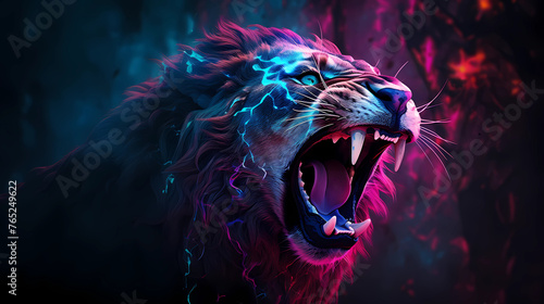 Roaring Dangerous Angry Aggressive Hunting Lion Animal Plexus Neon Black Background Digital Desktop Wallpaper HD 4k Network Light Glowing Laser Motion Bright Abstract