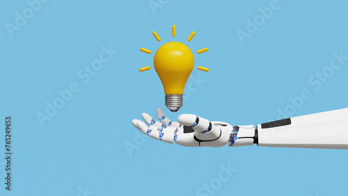 AI providing solution concept. Business automation, problem solving, evaluation, boost in growth, marketing analysis and strategy. 3D robot hand with idea lightbulb on blue background