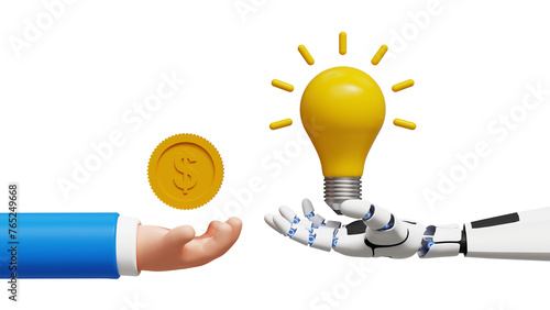 Discover opportunity. Get brilliant idea by AI. Make money with AI concept. 3D artificial intelligence robot hand holding bright idea lightbulb and human hand holding golden coin photo