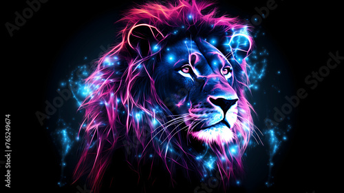 Lion Portrait Animal Plexus Neon Black Background Digital Desktop Wallpaper HD 4k Network Light Glowing Laser Motion Bright Abstract