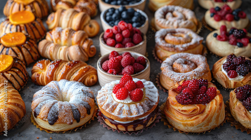 Assortment of Danish pastries in a bakery display, Top side view, Elegant and delicious, Sweet and flaky, great variety of bakes, artisan Assortment of Danish pastries in a bakery display, Top side view, Elegant and delicious, Sweet and flaky, great variety of bakes, artisan