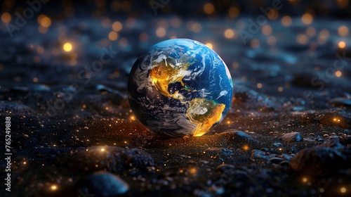 Micro Globe in Night Sands: Illuminated Earth in Golden Light photo
