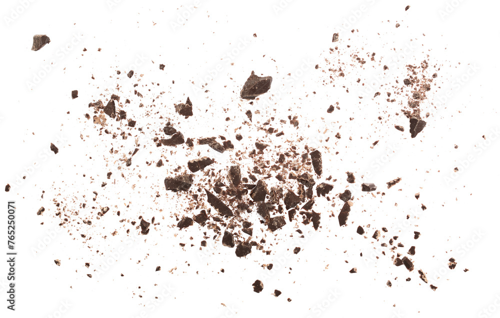 Fototapeta premium Pile chopped, milled chocolate shavings isolated on white, top view 