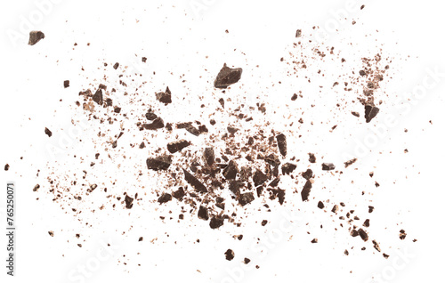 Pile chopped, milled chocolate shavings isolated on white, top view

