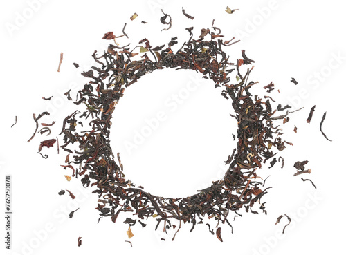Pile dry black tea in shape circle isolated on white, top view © dule964