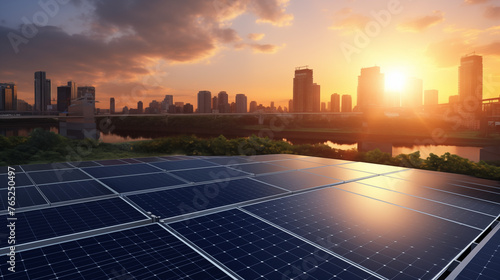 Urban Renewable Energy: Solar Panels at Sunset