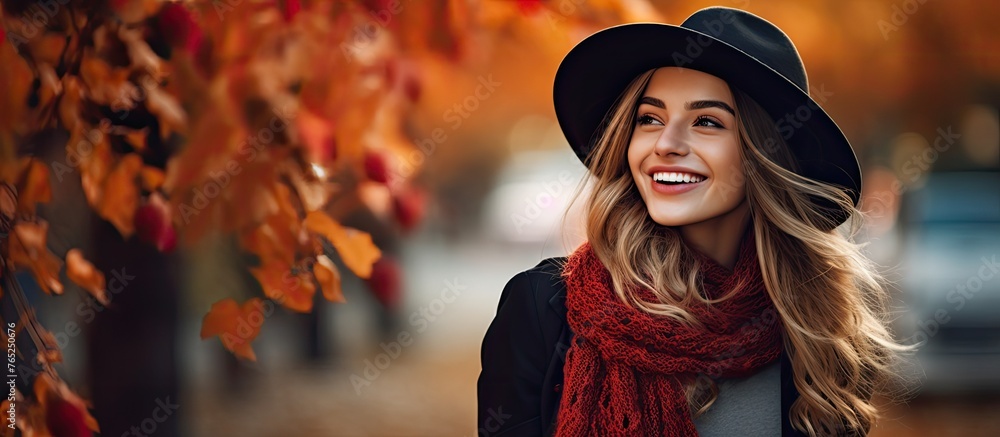 A happy woman wearing a sun hat and scarf is smiling in front of a tree. The landscape is beautiful, making her eyes sparkle with joy. She looks fashionable and ready to travel or attend an event A happy woman wearing a sun hat and scarf is smiling in front of a tree. The landscape is beautiful, making her eyes sparkle with joy. She looks fashionable and ready to travel or attend an event