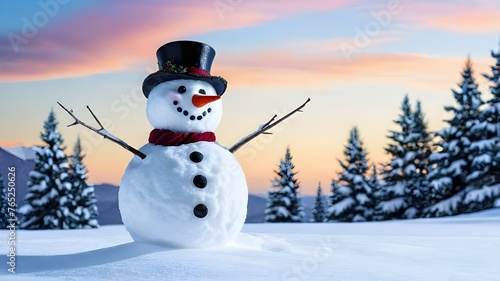 Cheerful Snowman in Winter Wonderland Background © Mustapha.studios
