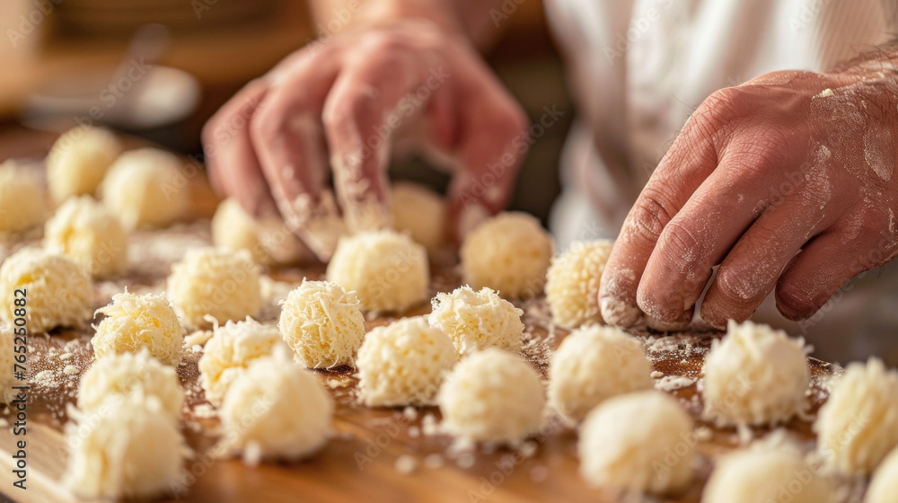 A man is seen preparing dumplings on a wooden cutting board, carefully folding the dough around the filling.