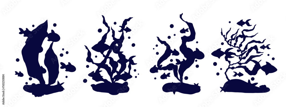 Set of silhouettes with schools of fish in seaweed.Vector graphics.