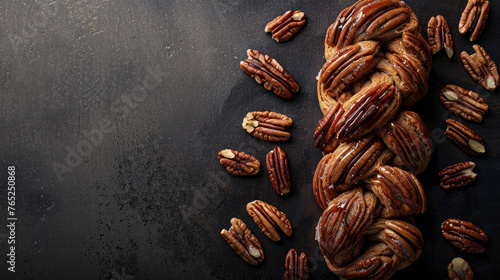 Freshly baked maple pecan plaits on a dark background, Moody and atmospheric setting