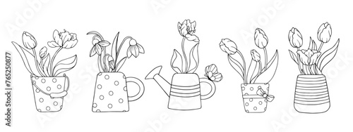 A set of sketches and coloring pages of bouquets of spring flowers, tulips and snowdrops in vintage vases, garden watering cans. Vector graphics.