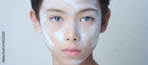 A young boy with a white face is wearing white paint on his face.