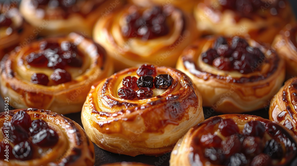 Rows of Pain au raisin arranged in a patisserie setting, Top view perspective, Classic French pastry Rows of Pain au raisin arranged in a patisserie setting, Top view perspective, Classic French pastry
