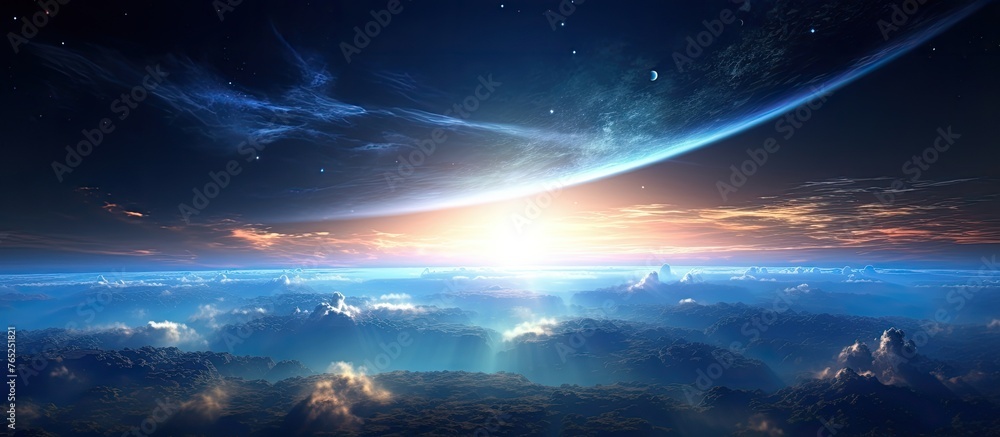 Fototapeta premium An image showing the planet Earth as seen from space, with a brilliant radiant light shining over it