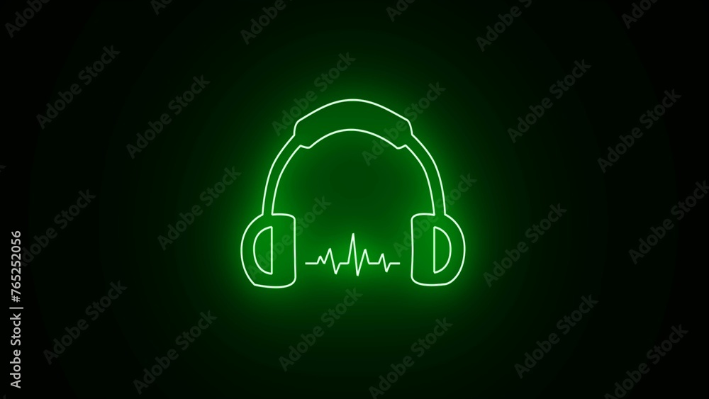 Glowing neon headphones with sound wave, Neon music wave icon. Neon headphone and text of music on black background. Colorful design for dj,