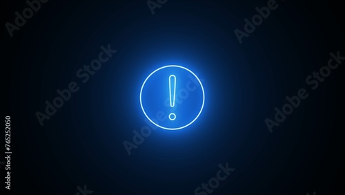Glowing neon warning sign on black background. Neon exclamation mark. Neon light exclamation text icon. Icon set, sign, symbol, illustration.