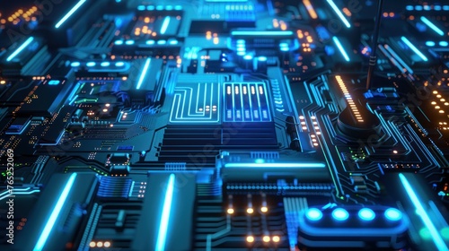 3d render futuristic circuit computer with neon blue light background. AI generated image photo