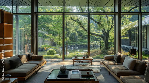 Japanese glass house, a living room filled with traditional furniture with large glass windows, view for a traditional oriental garden.