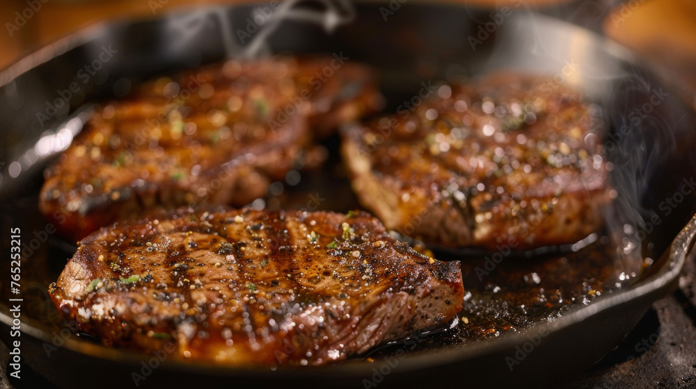 Steaks sizzling in a skillet on a wooden table, cooking to perfection.