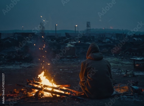 Homeless man sitting by the fire