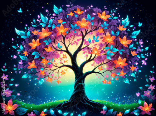 Illustration of a beautiful glowing magical tree with a bunch of flowers and sparkles. Magical landscape background © Svitlana