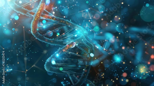 Close up rendering DNA helix 3D illustration with neon light. AI generated image