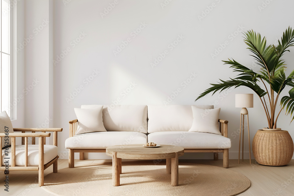 Fototapeta premium Interior Living Room, Empty Wall Mockup In White Room With White Sofa And Green Plants, 3d Render Real Room Template