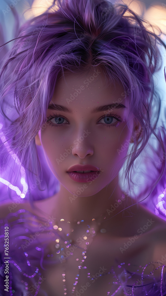 A fashionable young woman with striking purple hair posing for a picture. A fashionable young woman with striking purple hair posing for a picture.