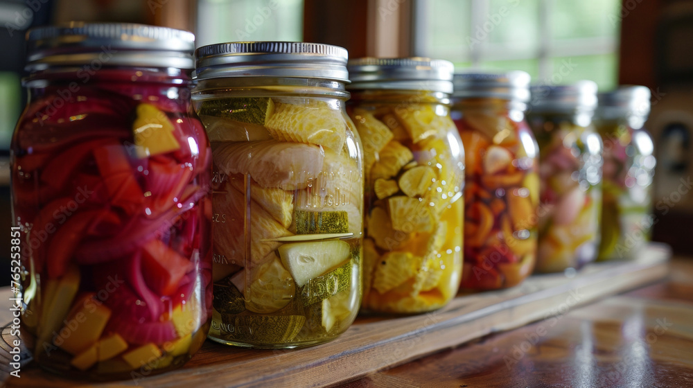 A straight row of clear mason jars containing preserved pickles and lemons, showcasing various vibrant colors and textures. A straight row of clear mason jars containing preserved pickles and lemons, showcasing various vibrant colors and textures.